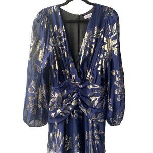 Anthropology DELFI Collective Navy and Silver Print Gown Long‎ Dress Pure Silk L